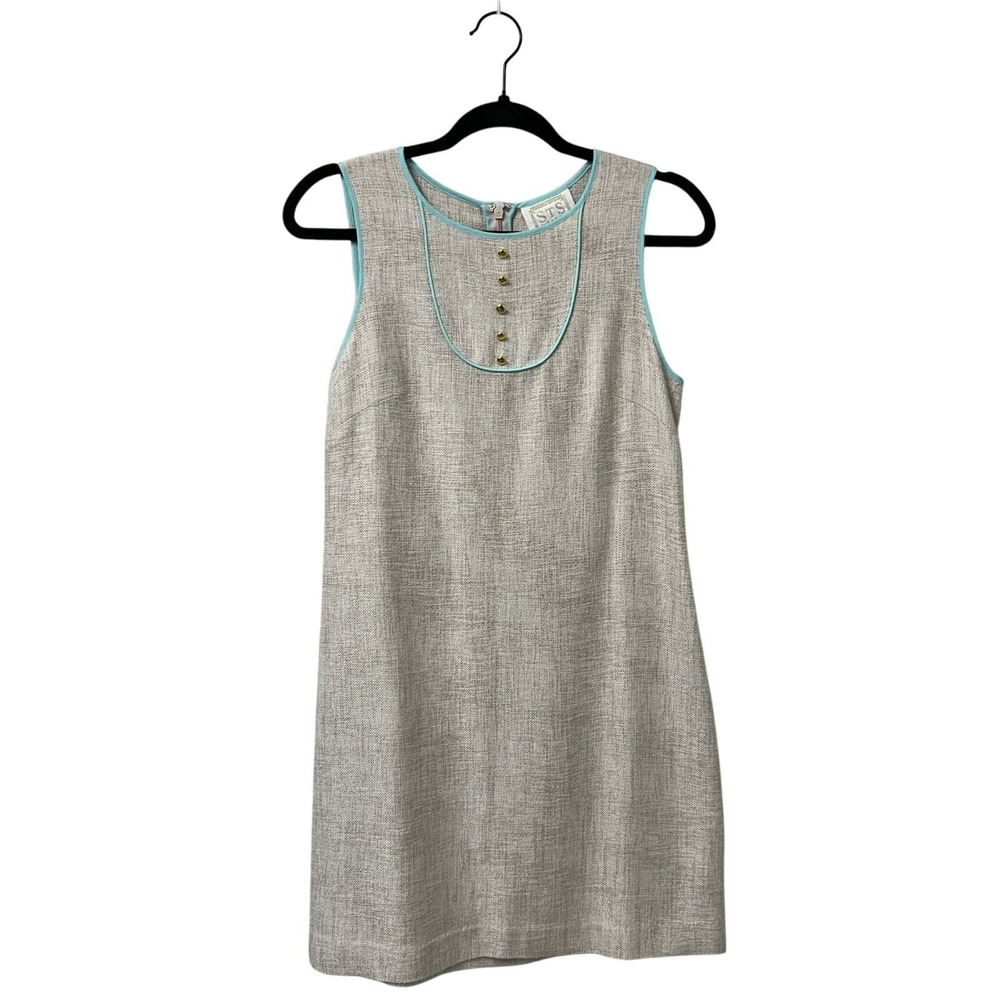 SAIL AND SABLE Sea To Sand Shift Dress Beige w/ Turquoise Trim Gold Shimmer Sz S